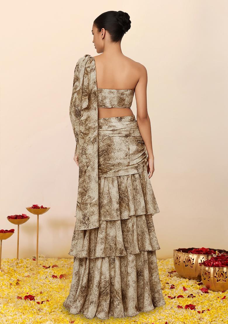Brown Crepe Abstract Printed Pre Draped Saree Set