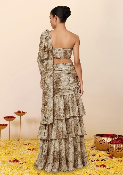 Brown Crepe Abstract Printed Pre Draped Saree Set