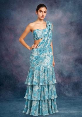 Sky Blue Crepe Abstract Printed Pre Draped Saree Set