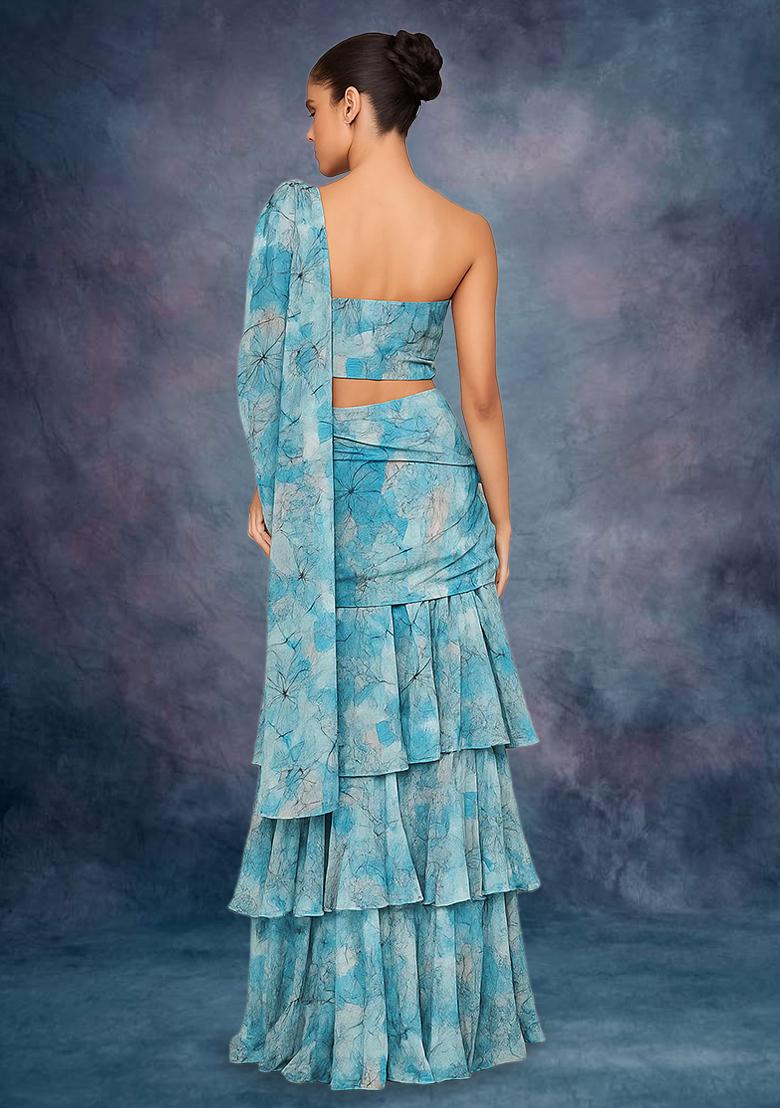 Sky Blue Crepe Abstract Printed Pre Draped Saree Set - Indya