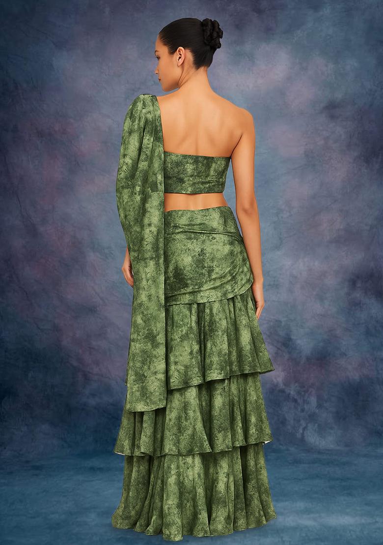 Green Crepe Abstract Printed Pre Draped Saree Set - Indya