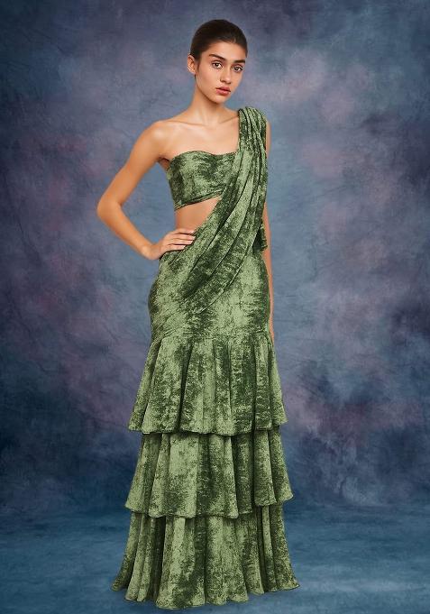 Green Crepe Abstract Printed Pre Draped Saree Set