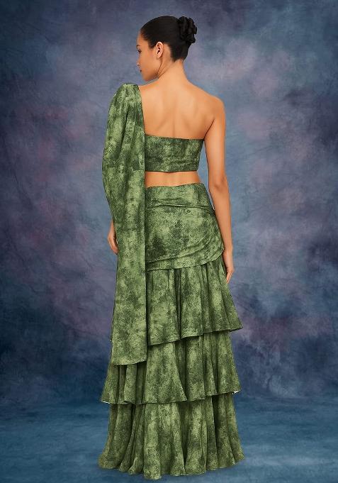 Green Crepe Abstract Printed Pre Draped Saree Set