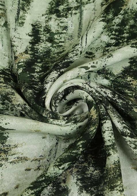 Green Crepe Abstract Printed Pre Draped Saree Set