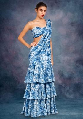 Blue Crepe Floral Printed Pre Draped Saree Set