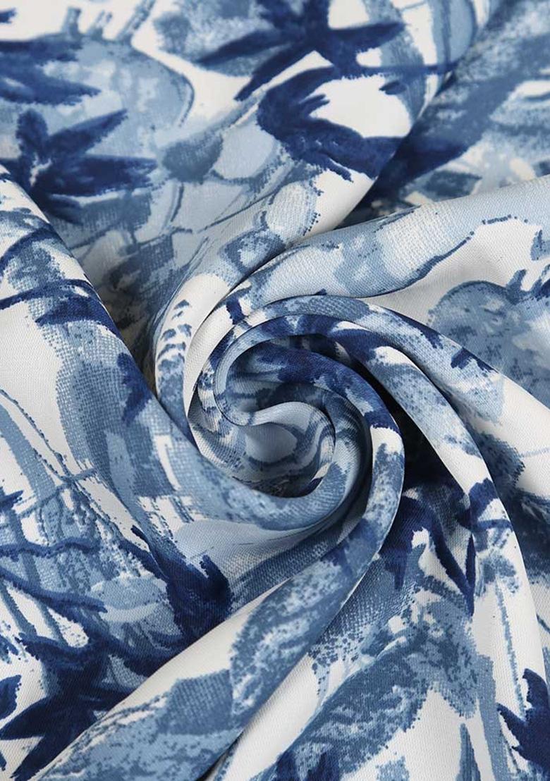 Blue Crepe Floral Printed Pre Draped Saree Set