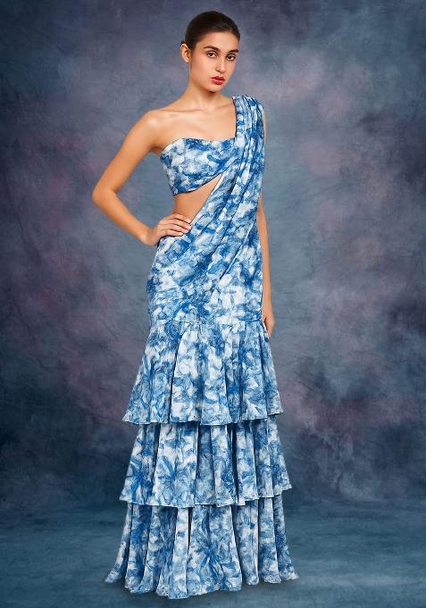 Blue Crepe Floral Printed Pre Draped Saree Set