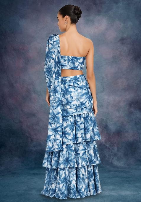 Blue Crepe Floral Printed Pre Draped Saree Set