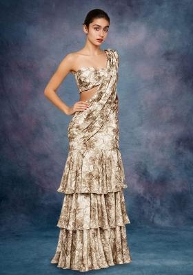 Multicolor Crepe Floral Printed Pre Draped Saree Set