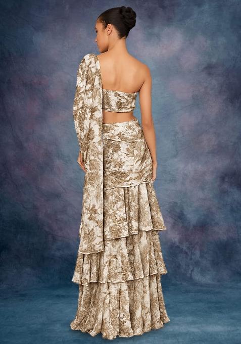 Multicolor Crepe Floral Printed Pre Draped Saree Set