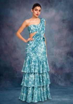 Blue Crepe Abstract Printed Pre Draped Saree Set