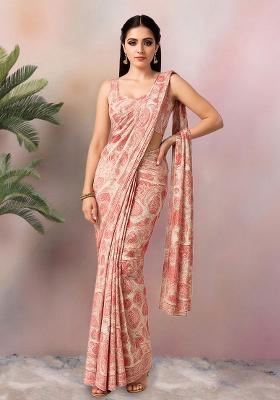 Pink Crepe Embroidered Pre Draped Saree Set