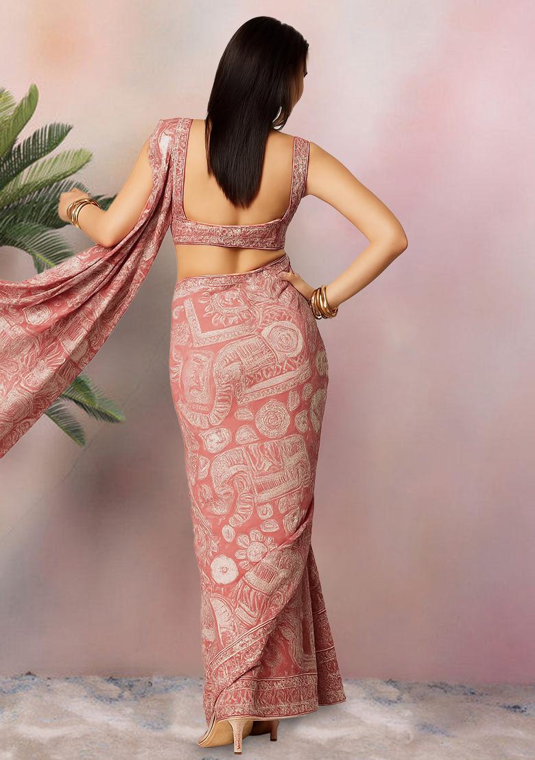 Pink Crepe Embroidered Pre Draped Saree Set - Indya