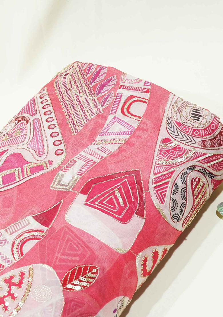 Pink Crepe Embroidered Pre Draped Saree Set - Indya