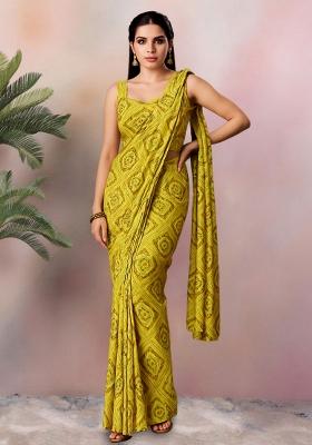 Light Green Bandhani Print Crepe Pre Draped Saree Set