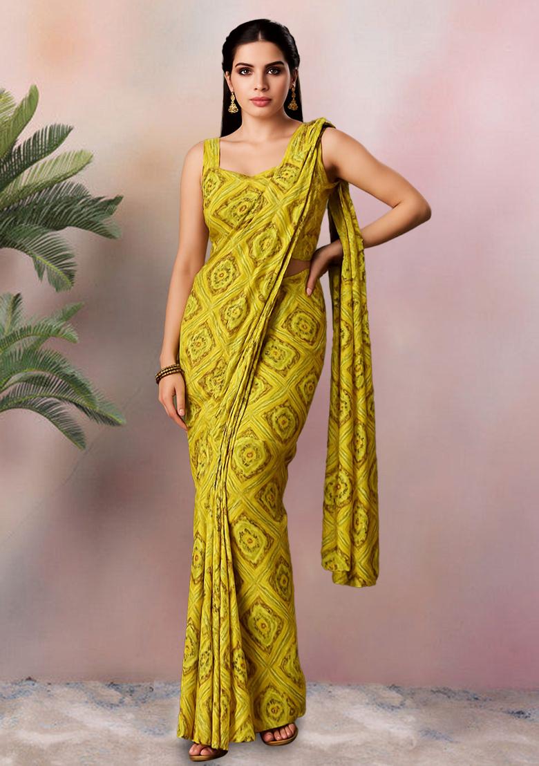 Light Green Bandhani Print Crepe Pre Draped Saree Set