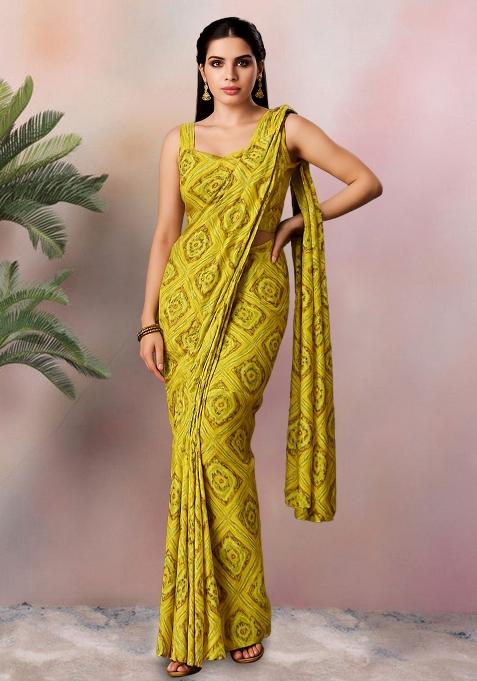 Light Green Bandhani Print Crepe Pre Draped Saree Set
