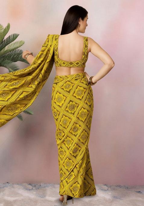 Light Green Bandhani Print Crepe Pre Draped Saree Set