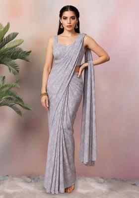 Purple Floral Print Crepe Pre Draped Saree Set