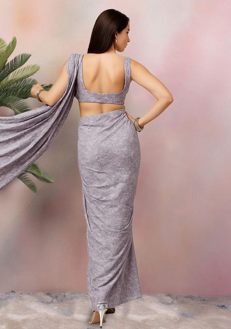 Purple Floral Print Crepe Pre Draped Saree Set - Indya