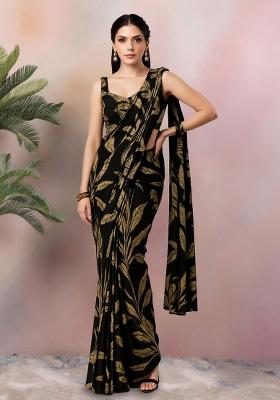 Black Abstract Print Crepe Pre Draped Saree Set