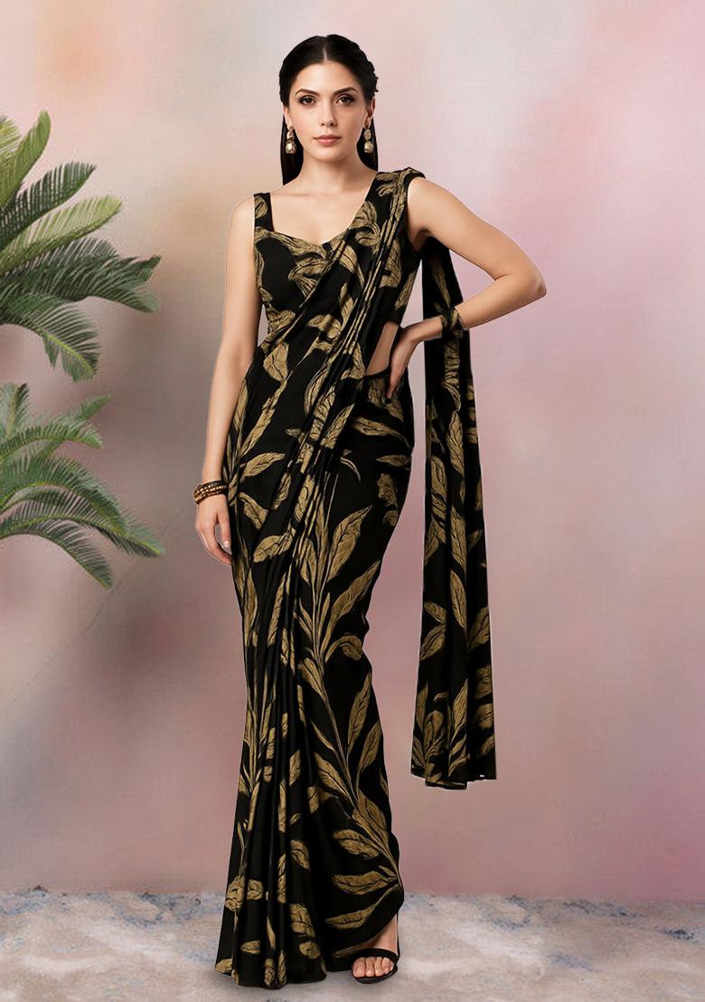 Black Abstract Print Crepe Pre Draped Saree Set