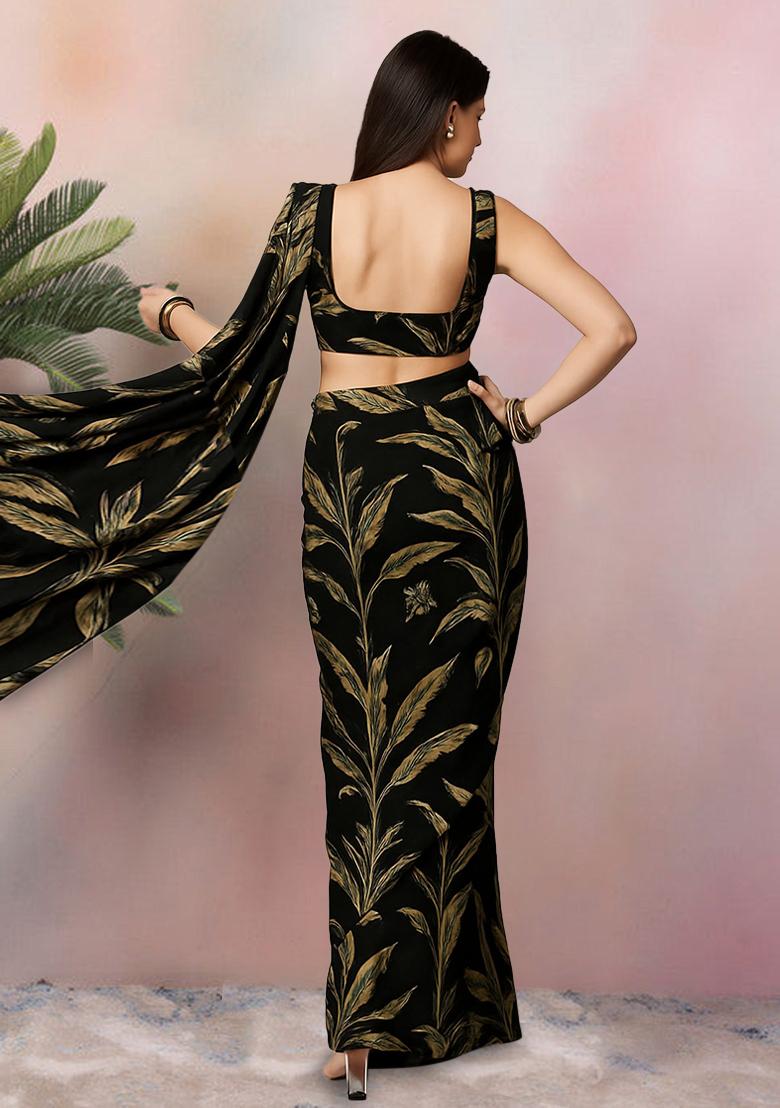 Black Abstract Print Crepe Pre Draped Saree Set - Indya