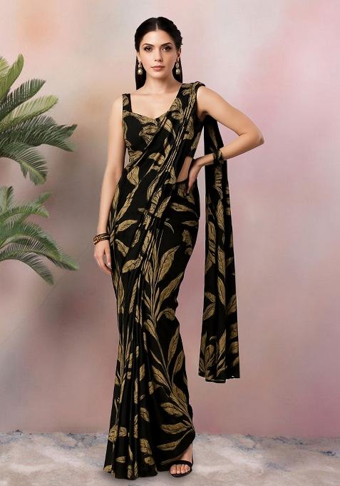 Black Abstract Print Crepe Pre Draped Saree Set