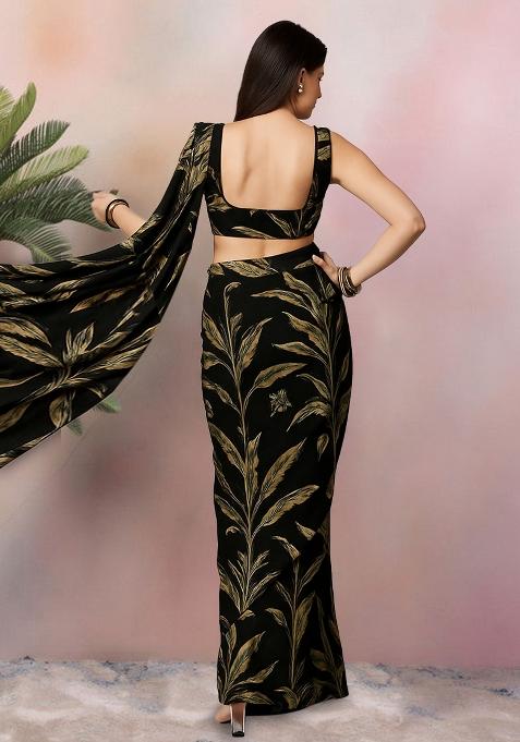 Black Abstract Print Crepe Pre Draped Saree Set