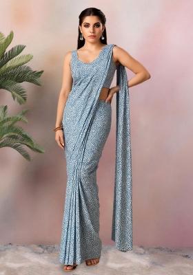 Sky Blue Abstract Print Crepe Pre Draped Saree Set