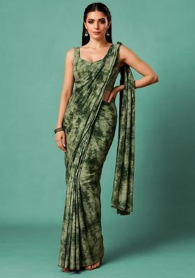 Green Abstract Print Crepe Pre Draped Saree Set