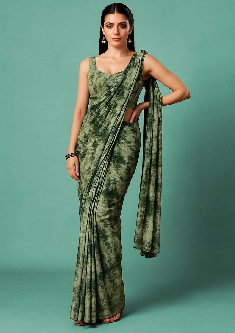 Green Abstract Print Crepe Pre Draped Saree Set