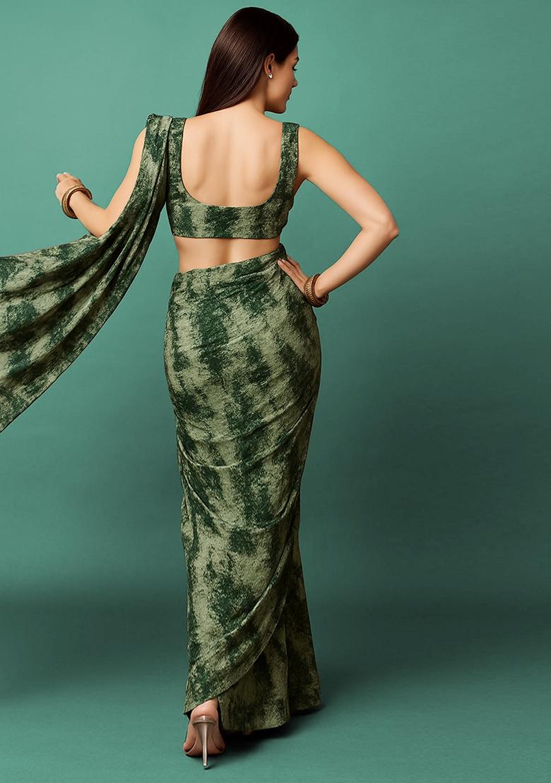 Green Abstract Print Crepe Pre Draped Saree Set - Indya