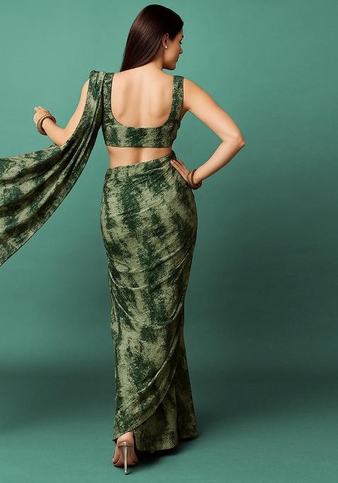Green Abstract Print Crepe Pre Draped Saree Set