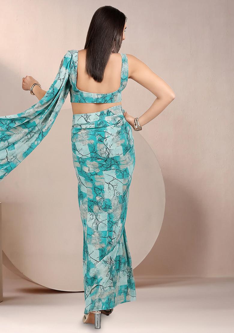 Light Blue Abstract Print Crepe Pre Draped Saree Set - Indya