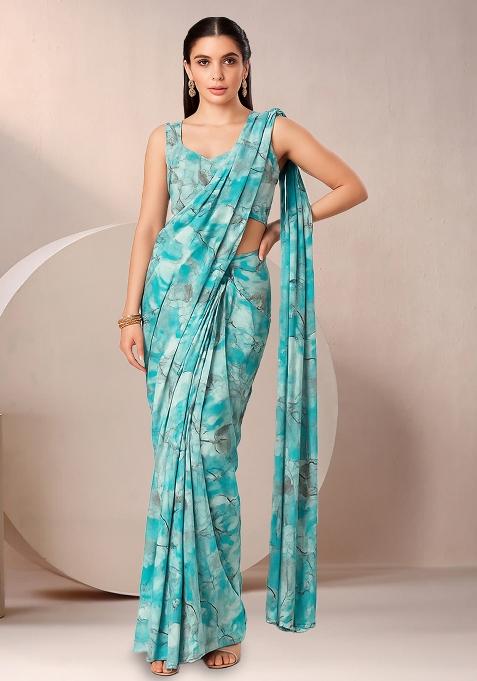 Light Blue Abstract Print Crepe Pre Draped Saree Set