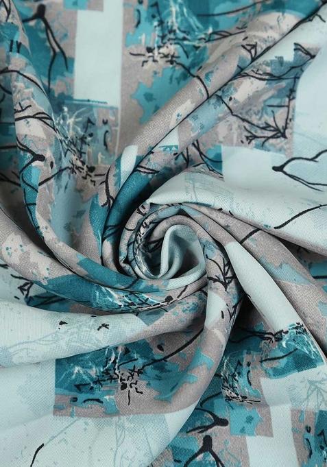 Light Blue Abstract Print Crepe Pre Draped Saree Set