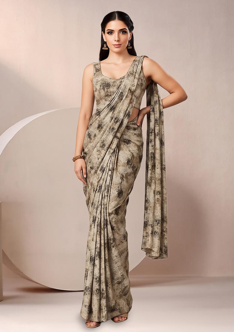 Brown Abstract Print Crepe Pre Draped Saree Set