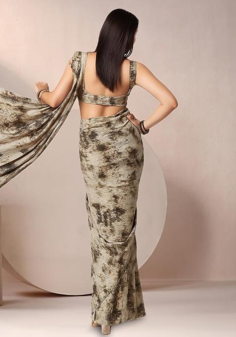 Brown Abstract Print Crepe Pre Draped Saree Set