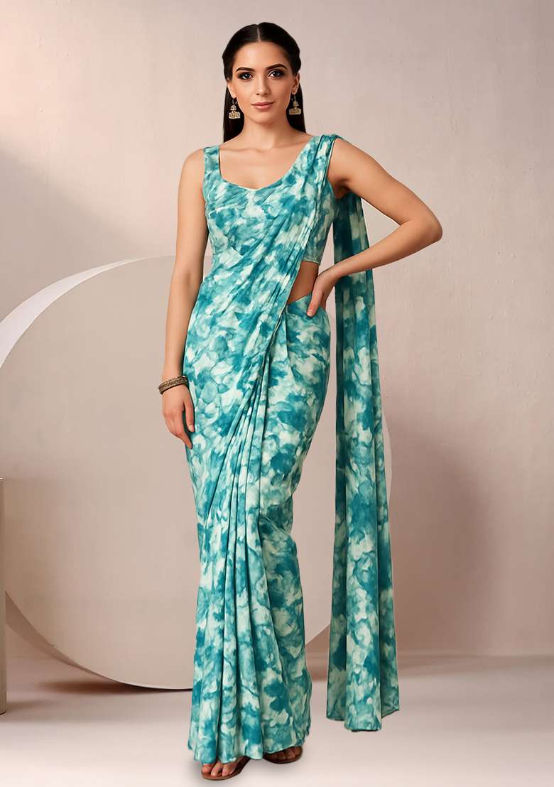 Aqua Blue Abstract Print Crepe Pre Draped Saree Set - Indya