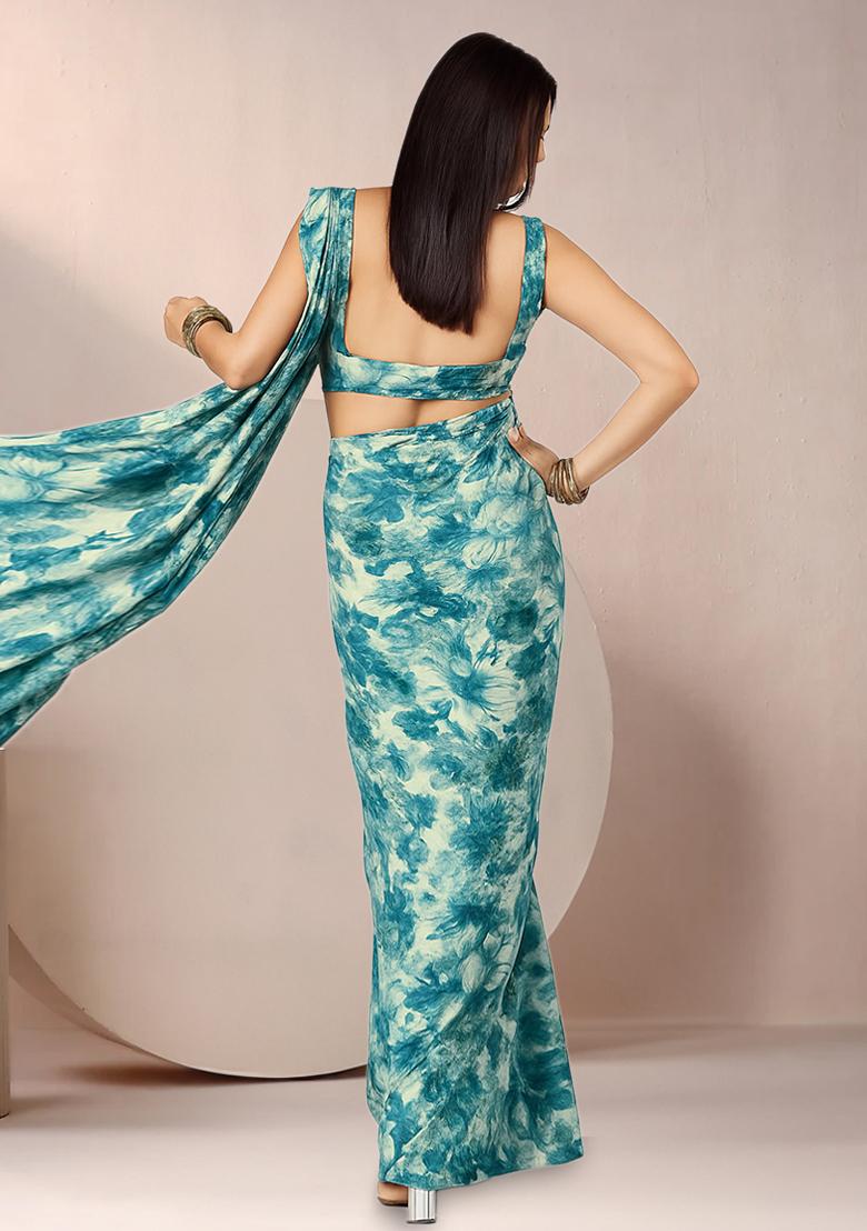 Aqua Blue Abstract Print Crepe Pre Draped Saree Set - Indya