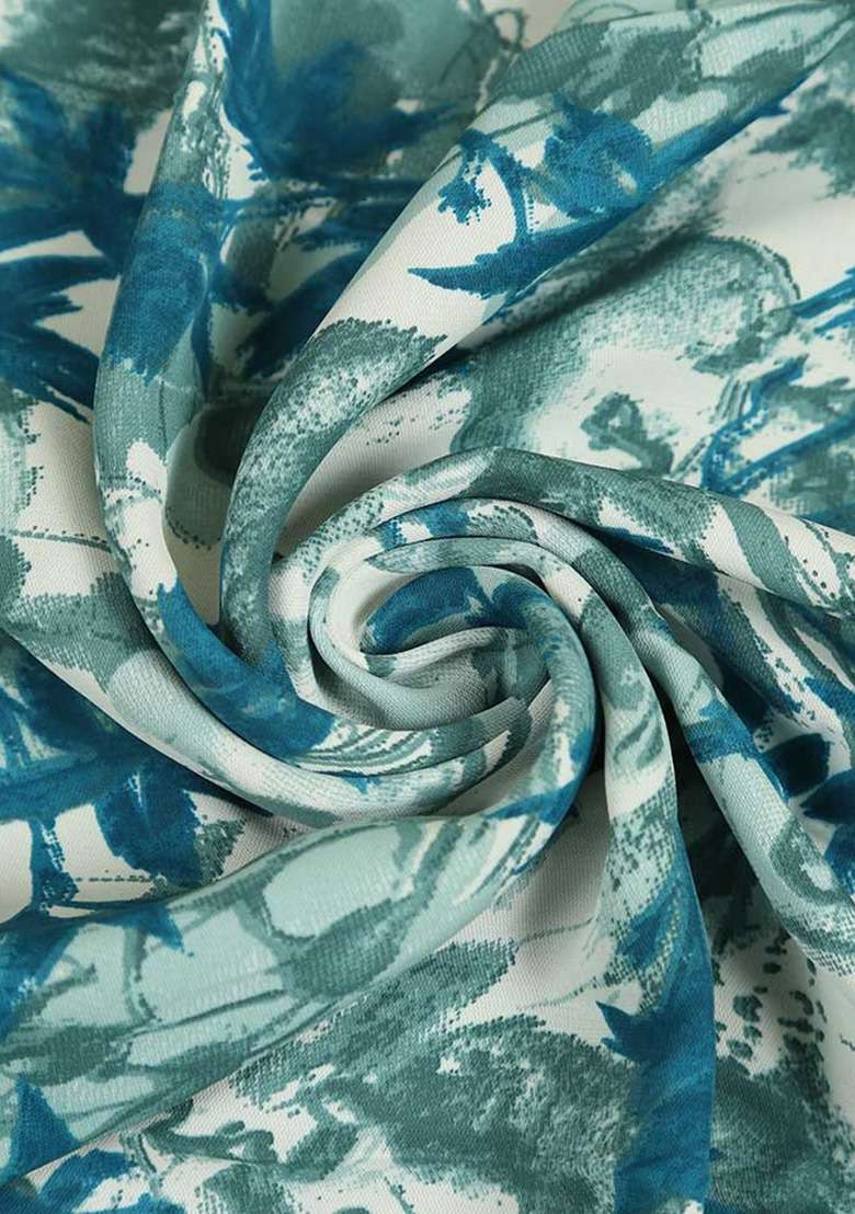 Aqua Blue Abstract Print Crepe Pre Draped Saree Set - Indya