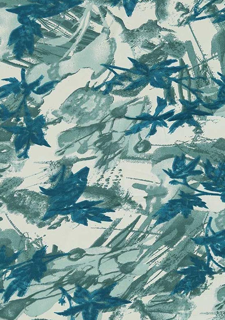 Aqua Blue Abstract Print Crepe Pre Draped Saree Set - Indya