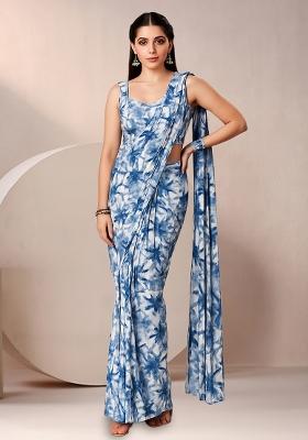 Dark Blue Abstract Print Crepe Pre Draped Saree Set