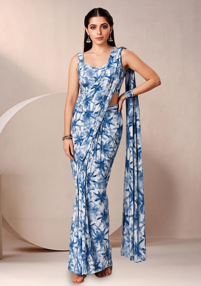 Dark Blue Abstract Print Crepe Pre Draped Saree Set