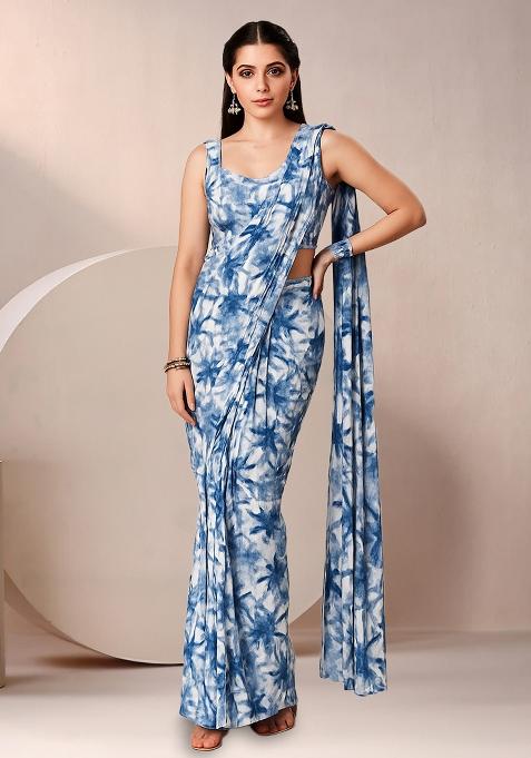 Dark Blue Abstract Print Crepe Pre Draped Saree Set