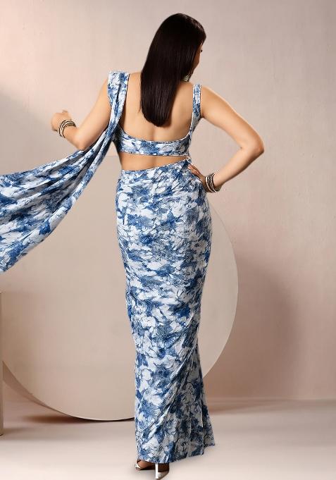 Dark Blue Abstract Print Crepe Pre Draped Saree Set