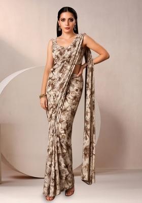 Brown Abstract Print Crepe Pre Draped Saree Set