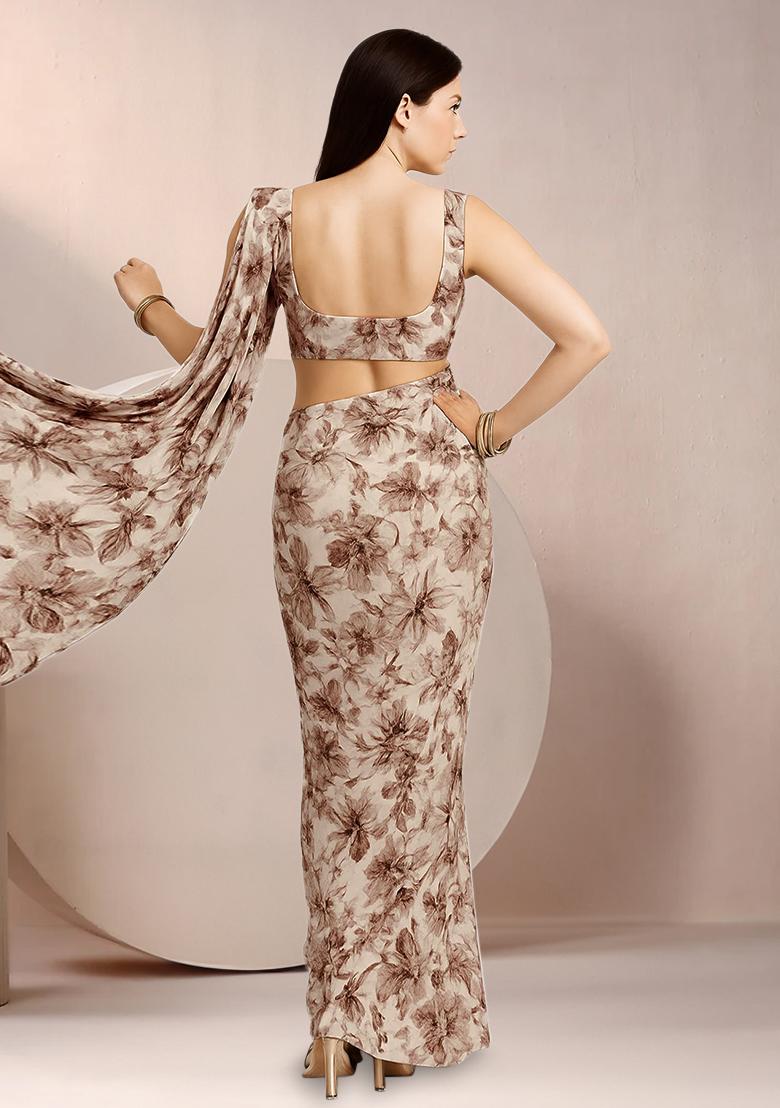 Brown Abstract Print Crepe Pre Draped Saree Set - Indya