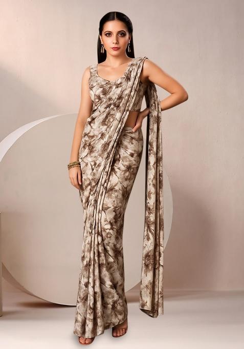 Brown Abstract Print Crepe Pre Draped Saree Set